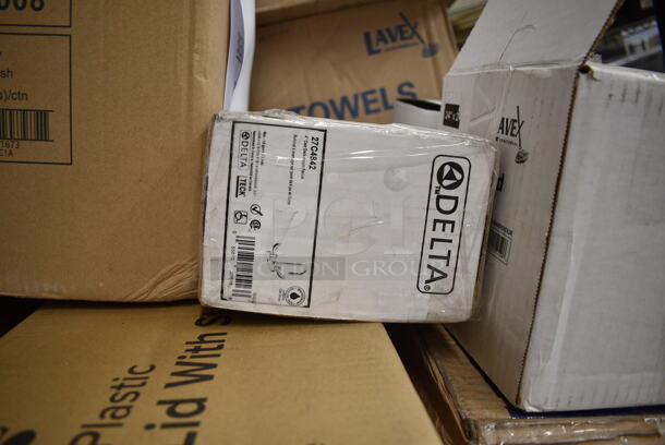PALLET LOT of 25 BRAND NEW Boxes Including 500CFT Lavex White C-Fold Standard Weight Towel - 2400/Case, 347SLWG12A Visions 12 oz. Heavy Weight Clear Plastic Stemless Angled Wine Glass - 64/Case, Tuxton GAS-008 TuxTrendz Artisan Sagebrush 11 5/8" China Plate - 12/Case, 50016W Choice 16 oz. White Poly Paper Hot Cup - 1000/Case, 129MCR16B Choice 16 oz. Black 6 1/4" Round Microwavable Heavy Weight Container with Lid - 150/Case, 500LFLAT42 Choice Clear Plastic Flat Lid with Straw Slot 42 oz. - 500/Case, 127RD168 Choice Deli Container, Delta Faucet 27C4842 Deck Mount Lavatory Faucet with 1.5 GPM Aerator, Hooded Blade Handles, and CER-TECK Cartridges, 4790005T Stolzle Assorted Specialty 5.75 oz. Nick and Nora Glass - 6/Pack, 127RD16BULK Choice 16 oz. Customizable Microwavable Translucent Round Deli Container - 500/Case, 461002 Tork Dispenser, 128HD8COMBO ChoiceHD 8 oz. Microwavable Translucent Plastic Deli Container and Lid Combo Pack - 240/Case, 128HD8BULK ChoiceHD 8 oz. Microwavable Translucent Plastic Deli Container - 480/Case. 25 Times Your Bid!  - Image 11 of 12