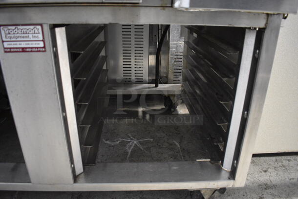 Stainless Steel Commercial Gas Powered Mini Rotating Rack Oven w/ View Through Doors and Lower Pan Rack on Commercial Casters. 48x36x75. Picture of the Unit Powered On Before Removal Is Included In the Listing. - Image 6 of 11