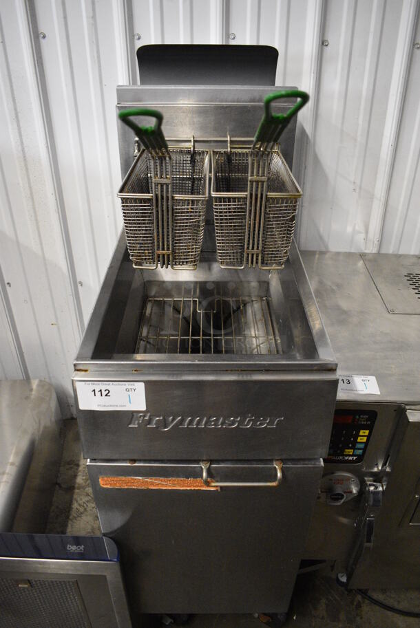 Frymaster GF40SD Stainless Steel Commercial Floor Style Propane Gas Powered Deep Fat Fryer w/ 2 Metal Fry Baskets on Commercial Casters. 122,000 BTU. 15.5x28x51