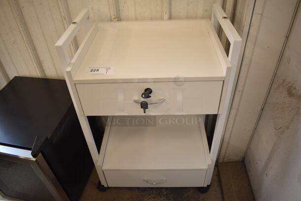 BRAND NEW! White Wood Pattern End Table w/ 2 Drawers and Keys on Casters. 22x16x35