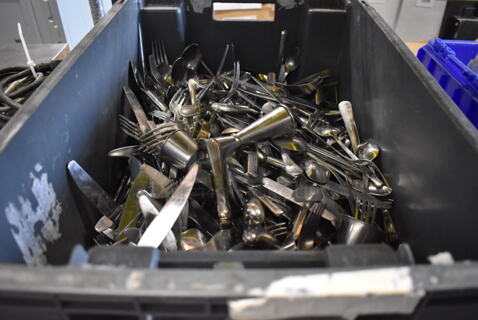 ALL ONE MONEY! Gray Bin of Various Silverware Including Forks. 