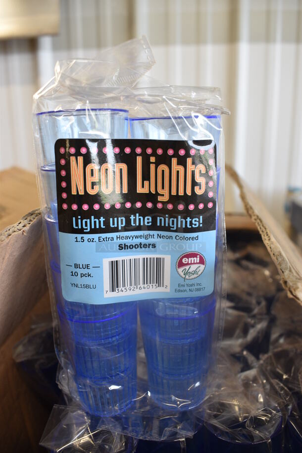 ALL ONE MONEY! Lot of 50 Packs of 10 BRAND NEW IN BOX Neon Lights EMI-YNL15BL 1.5 Neon Blue Plastic Shot Glasses. Total of 500. 1.75x1.75x2.5