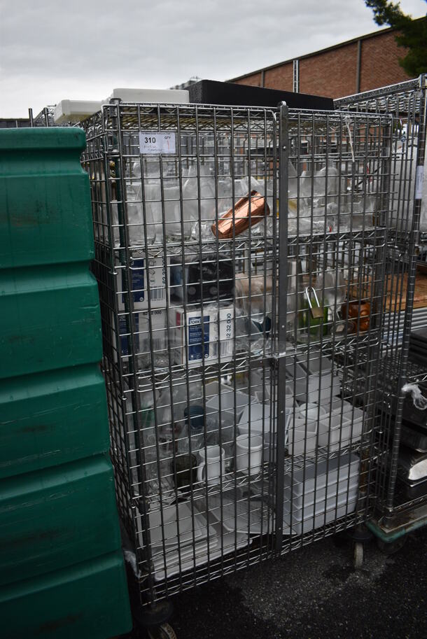 ALL ONE MONEY! Lot of Chrome Finish 5 Tier Shelving Unit on Commercial Casters w/ Liquor Cage and All Contents Including Glasses, White Ceramic Plates. BUYER MUST DISMANTLE. PCI CANNOT DISMANTLE FOR SHIPPING. PLEASE CONSIDER FREIGHT CHARGES. 38x25x68 - Image 3 of 10