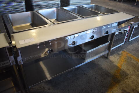ServIt 423EST4WE750 Stainless Steel Commercial Electric Powered 4 Bay Electric Powered Steam Table w/ Drop Ins, Cutting Board and Under Shelf. 208/240 Volts. 58x30x33
