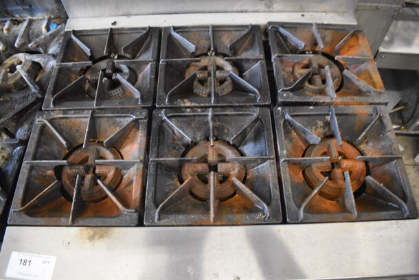 Atena Stainless Steel Commercial Natural Gas Powered 6 Burner Range w/ Oven, Over Shelf and Back Splash on Commercial Casters.  - Image 4 of 6