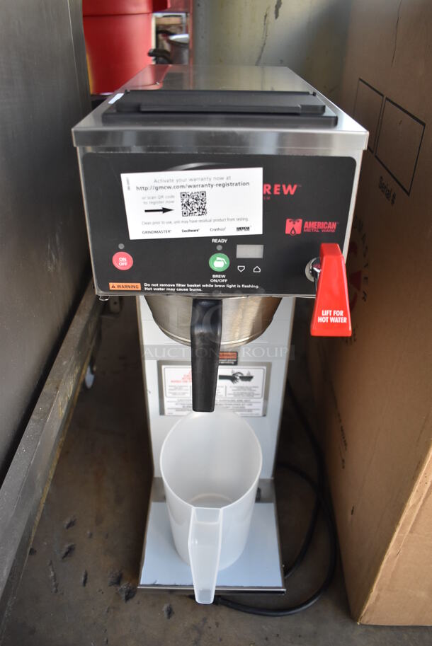 BRAND NEW IN BOX! Grindmaster B-SAP Stainless Steel Commercial Countertop Coffee Machine w/ Hot Water Dispenser, Metal Brew Basket and Poly Pitcher. 120 Volts, 1 Phase. 8.5x20x27. Tested and Working!