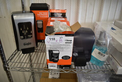 7 BRAND NEW SCRATCH AND DENT! Poly Wall Mount Soap Dispensers Including San Jamar S970WHCL Summit Rely White Manual Hand Soap, Sanitizer, and Lotion Dispenser - 5 3/16" x 4" x 8 7/8", San Jamar SF970WHCL Summit Rely White Manual Foam Hand Soap and Sanitizer Dispenser - 5 3/16" x 4" x 8 7/8", San Jamar SHF970WHCL Summit Rely White Hybrid Automatic Foam Hand Soap and Sanitizer Dispenser - 5 1/2" x 4" x 12" w/ 999G871604 GOJO® 8716-04 ADX 700 mL Botanical Foam Hand Soap. 7 Times Your Bid!