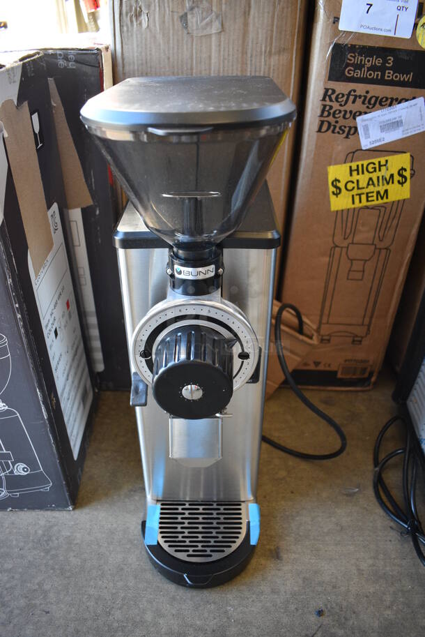 BRAND NEW IN BOX! 2021 Bunn GVH Stainless Steel Commercial Countertop Coffee Bean Grinder w/ Hopper. 120 Volts, 1 Phase. 7.5x16x25. Tested and Working!