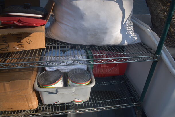 ALL ONE MONEY! Lot of Items Including Open Utility Shelf With Metro Style Shelving On Commercial Casters, Dish Caddies, Glasses, Cooking Wine, Cutting Boards, Receipt Paper, Red Buckets With Steel Handles, AND MORE! BUYER MUST DISMANTLE. PCI CANNOT DISMANTLE FOR SHIPPING. PLEASE CONSIDER FREIGHT CHARGES. - Image 10 of 11