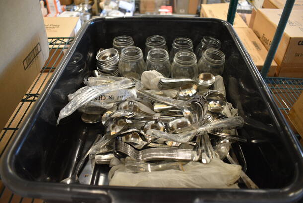 ALL ONE MONEY! Lot of Various Items Including Seasoning Shakers and Silverware in Black Poly Bus Bin!
