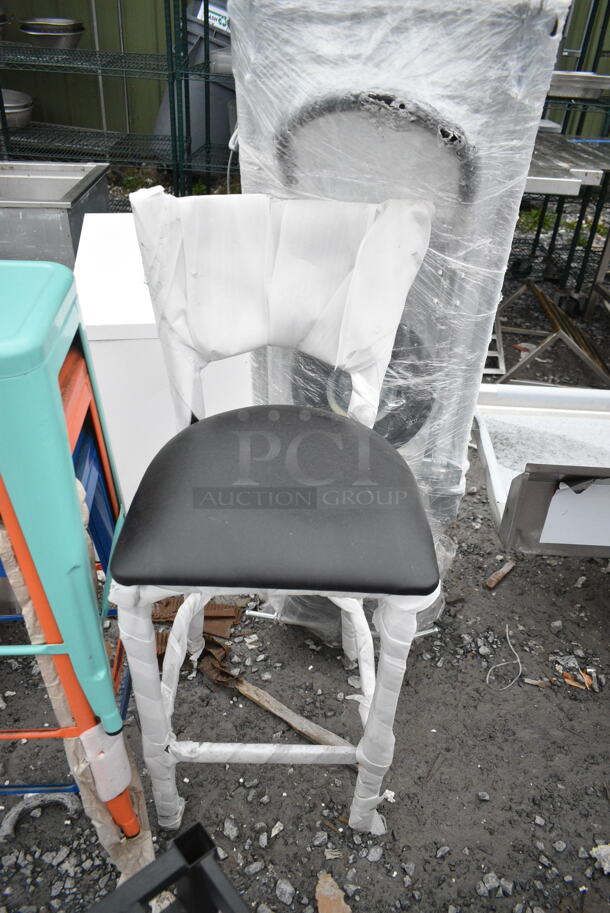 3 BRAND NEW SCRATCH AND DENT! Lancaster Table & Seating Black Metal Bar Height Chair Frame; 1 164BCROSSCFR Cross Back and 2 164BMTLADFR Ladder Back. 3 Times Your Bid!  - Image 4 of 8