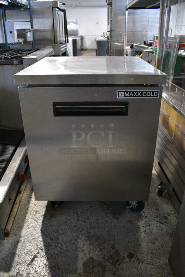 Maxx Cold Model MCR-27U Stainless Steel Commercial Single Door Undercounter Cooler on Commercial Casters. 115 Volts, 1 Phase. 27.5x30x36. Tested and Working!