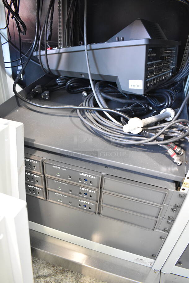 Television Production Station w/ Acer x193w Monitor, Planar PL1700 Monitor, 6 JVC TM-1011 Monitors, 2 JVC SR-DVM600 DVD/HDD/DVD Recorder, Pansonic AG-DV2500 Digital Video Recorder, JVC SR-MV45 VHS/DVD Recorder, Extron VSC500 Video Scan Converter, Extron DA2 RGBHV Wideband RGB Distribution Amplifier, 2 Panasonic AW-RC600 Remote Control Rack Units, Anchor Speaker, Tascam CD-RW900SL Slot Loading CD Recorder Rack Unit, Crown D-45 Power Amplifier Rack Unit, Clear Com MS-702 2 Channel Main Station Rack Unit, Drake VM2050 T Channel Video Modulator. - Image 10 of 12