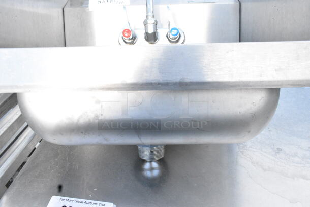 Stainless Steel Single Bay Wall Mount Sink w/ Faucet, Handles and Side Splash Guards.  - Image 2 of 4