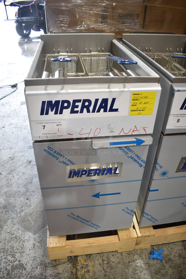 BRAND NEW SCRATCH AND DENT! Imperial IFS-40 Stainless Steel Commercial Floor Style Natural Gas Powered Deep Fat Fryer w/ 2 Metal Fry Baskets. Does Not Have Back Panel. 105,000 BTU.  - Image 1 of 8