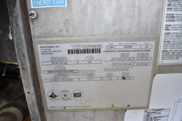 2014 Pitco Frialator Model SSH60 ENERGY STAR Stainless Steel Commercial 4 Bay Natural Gas Powered Deep Fat Fryer w/ 6 Metal Fry Baskets and Filtration System on Commercial Casters. 80,000 BTU. 62.5x35x49 - Image 9 of 11