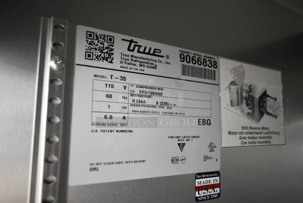 2017 True T-35 Stainless Steel Commercial 2 Door Reach In Cooler w/ Poly Coated Racks. 115 Volts, 1 Phase. Tested and Working! - Image 5 of 5