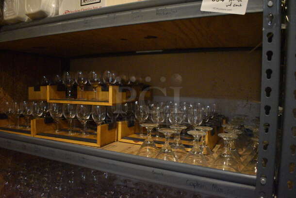 Gray Metal 5 Tier Shelving Unit w/ Contents Including Tall Glass Mugs and Wine Glasses. 48x24x72. BUYER MUST REMOVE; BUYER MUST DISMANTLE. PCI CANNOT DISMANTLE FOR SHIPPING. PLEASE CONSIDER FREIGHT CHARGES. (glass room - off of bar area) - Image 5 of 6