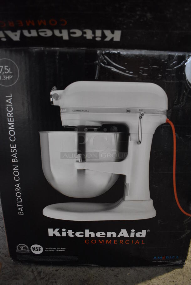 BRAND NEW IN BOX! KitchenAid Metal Commercial Countertop 8 Quart Gray Planetary Mixer w/ Stainless Steel Mixing Bowl, Dough Hook, Paddle and Whisk Attachments. 115 Volts, 1 Phase. 