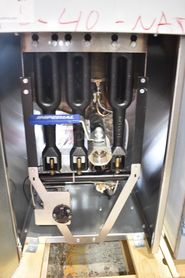BRAND NEW SCRATCH AND DENT! Imperial IFS-40 Stainless Steel Commercial Floor Style Natural Gas Powered Deep Fat Fryer w/ 2 Metal Fry Baskets. Does Not Have Back Panel. 105,000 BTU.  - Image 7 of 8
