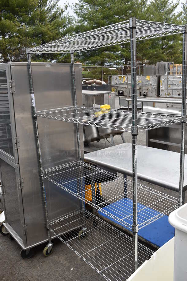 Chrome Finish 4 Tier Wire Shelving Unit on Commercial Casters. BUYER MUST DISMANTLE. PCI CANNOT DISMANTLE FOR SHIPPING. PLEASE CONSIDER FREIGHT CHARGES. - Image 1 of 2