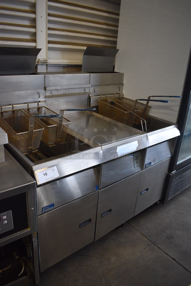Pitco Frialator Model F14S-V Stainless Steel Commercial Floor Style Propane Gas 2 Bay Fryer w/ Center Dumping Station on Commercial Casters. 110,000 BTU. 49x32x54 - Image 6 of 10