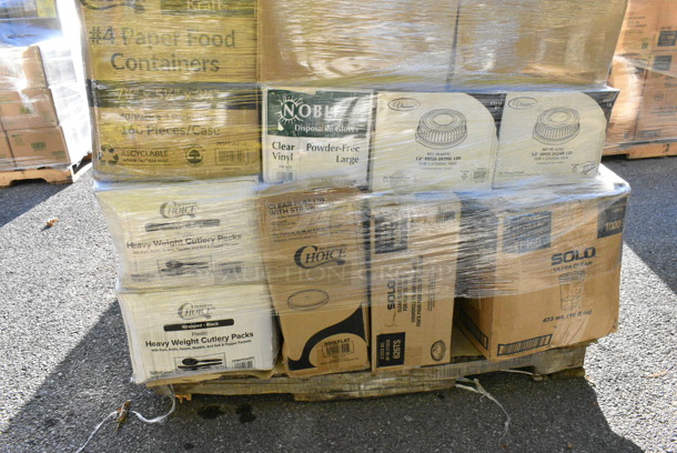 28 BRAND NEW! Boxes Including Lavex Towel Rolls, Tite Dri TDPP-400 Meat Pads, Choice 130BKFKSNSPH Heavy Weight Cutlery Packs, 395RP09 Compostable Plates - 9", Clear Dome Covers, CHoice Plastic Plates. 28 Times Your Bid!  - Image 10 of 12