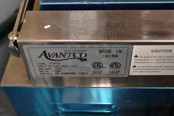 BRAND NEW SCRATCH AND DENT! 2023 Avantco 177P78 Stainless Steel Commercial Panini Sandwich Grill with Grooved Plates - 13" x 8 3/4" Cooking Surface. 120 Volts, 1 Phase. Tested and Working! - Image 5 of 5