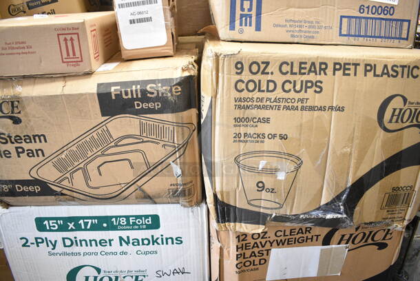 PALLET LOT of 23 BRAND NEW Boxes Including 3 Box 966TALLFLDN Choice Kraft Natural Tall-Fold 6" x 13" Dispenser Napkin - 8000/Case, 5002DNAP Choice White 2-Ply Dinner Napkin 17" x 15" - 3000/Case, 500CC12HD 12 oz. Plastic Cold Cup - 1000/Case, 500CC9 Choice 9 oz. Clear PET Customizable Plastic Squat Cold Cup - 1000/Case, 612605070 Choice Full Size Foil Steam Table Pan Deep 3 3/8" Depth - Full Size Deep - 50/Case, 610060 Brooklace Fluted Bake Cup, 39884291 Perfect Fry 84291 Air Filter Kit for PFA and PFC Ventless Deep Fryers, 4 Box 129MCR24B Choice 24 oz. Black Round Microwavable Heavy Weight Container with Lid 7 1/4" - 150/Case, 502404816CL Lavex 40-45 Gallon 16 Micron 40" x 48" High Density Janitorial Can Liner / Trash Bag - 250/Case, AMA009CLT23 Front of the House Gatsby 7 oz. Ice SAN Plastic Martini Glass - 12/Pack, HP2099 Imperial 2099 U' Shaped Burner. 23 Times Your Bid! - Image 4 of 12