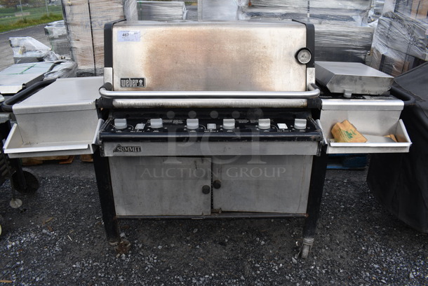 Weber Summit Metal Outdoor Propane Gas Powered Grill w/ Right Side Single Burner Range on Commercial Casters. 78x28x48