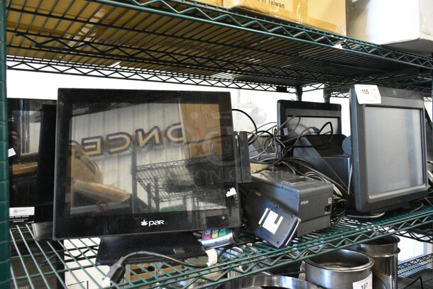 11 Various Items Including 2 Par POS Monitors, 2 NCR POS Monitors, 2 Verifone Credit Card Reader, 2 Epson M244A Receipt Printer, Epson M129B Receipt Printer, 2 APC Uninterruptible Power Supply. 11 Times Your Bid!  - Image 1 of 12