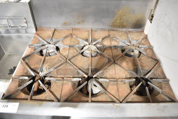 Southbend Stainless Steel Commercial Natural Gas Powered 6 Burner Range w/ Oven, Over Shelf and Back Splash on Commercial Casters.  - Image 2 of 9