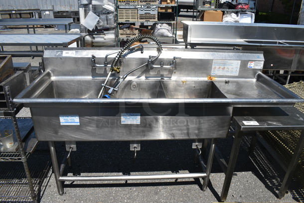 Commercial Stainless Steel 3 Bay Sink With Right Drain Board And 2 Faucets and Sprayer on Galvanized Legs 
