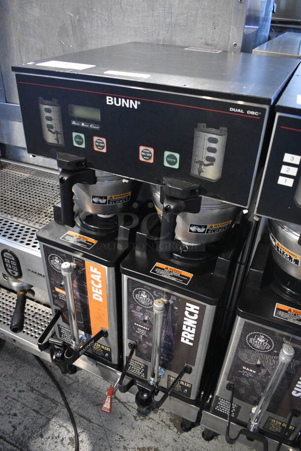 2012 Bunn Model DUAL SH DBC Stainless Steel Commercial Countertop Dual Coffee Machine w/ Hot Water Dispenser, 2 Stainless Steel Brew Baskets and 2 Bunn Model SH SERVER Satellite Servers. 120/208-240 Volts, 1 Phase. 18x24x36. Tested and Working! - Image 2 of 5