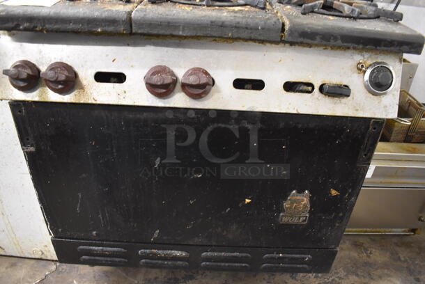 Wolf Metal Commercial Natural Gas Powered 6 Burner Range w/ Oven, Over Shelf and Back Splash. 34x36x58 - Image 6 of 9