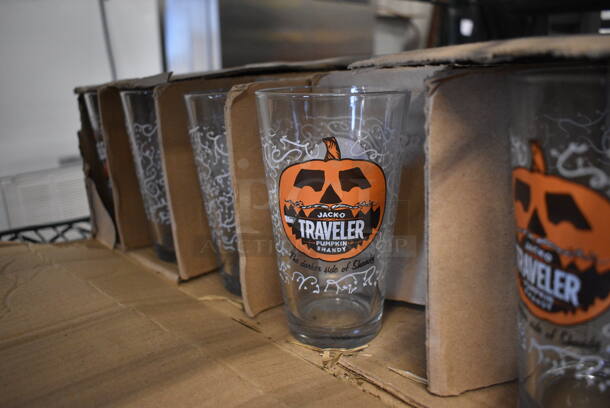 23 BRAND NEW IN BOX! Jack o Traveler Pumpkin Shandy Beverage Glasses. 3.5x3.5x6. 23 Times Your Bid!