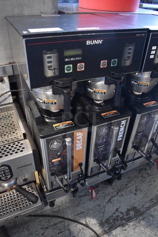 2012 Bunn Model DUAL SH DBC Stainless Steel Commercial Countertop Dual Coffee Machine w/ Hot Water Dispenser, 2 Stainless Steel Brew Baskets and 2 Bunn Model SH SERVER Satellite Servers. 120/208-240 Volts, 1 Phase. 18x24x36. Tested and Working! - Image 3 of 5