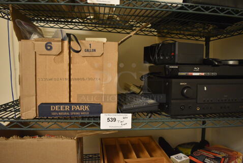 ALL ONE MONEY! Tier Lot of Various Items Including Samsung DVD Player, Keyboard, Remotes, Two-Line Business Telephones, and Denon Receiver