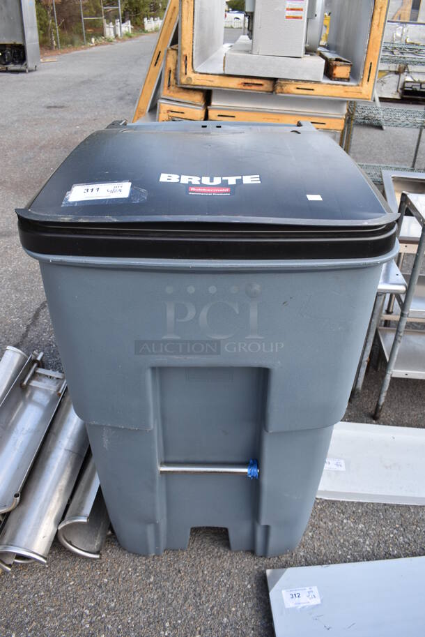 Rubbermaid Brute Gray and Black Poly Trash Can.