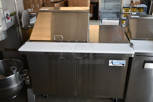 BRAND NEW SCRATCH AND DENT! 2023 Avantco 178SSPTM4812 Stainless Steel Commercial Sandwich Salad Prep Table Bain Marie Mega Top on Commercial Casters. 115 Volts, 1 Phase. Tested and Working! - Image 2 of 8