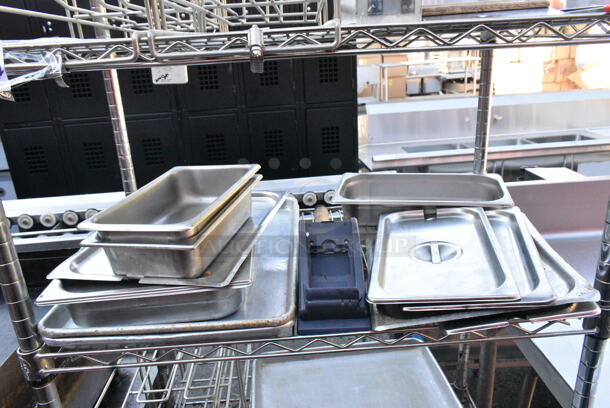 Chrome Finish 5 Tier Wire Shelving Unit on Commercial Casters w/ Contents Including Metal Baking Pans, Basket. Missing Wheel. BUYER MUST DISMANTLE. PCI CANNOT DISMANTLE FOR SHIPPING. PLEASE CONSIDER FREIGHT CHARGES. - Image 7 of 8