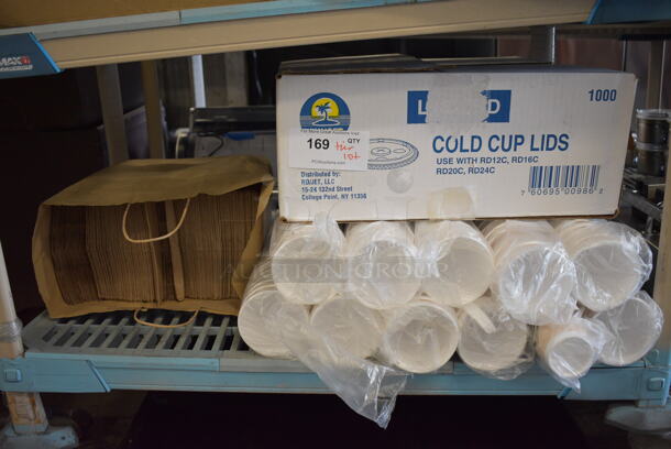 ALL ONE MONEY! Tier Lot of Various Paper Products Including Lids, Cups and Brown Paper Bags