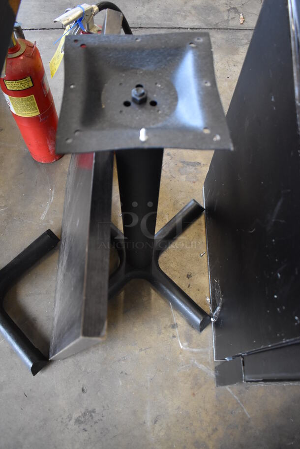 3 Dark Wood Pattern Tabletops on Black Metal Table Base. One Tabletop Is Detached From Its Base. 24x24x29. 3 Times Your Bid! - Image 6 of 7