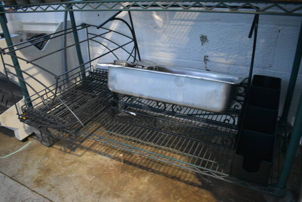 ALL ONE MONEY! Lot of Various Metal Racks, Black Poly Multi Compartment Bin and Sternos