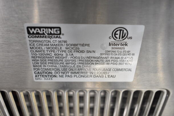 BRAND NEW SCRATCH AND DENT! Waring WCIC25 Stainless Steel Commercial Countertop Ice Cream Maker. 110-120 Volts, 1 Phase.  - Image 6 of 6