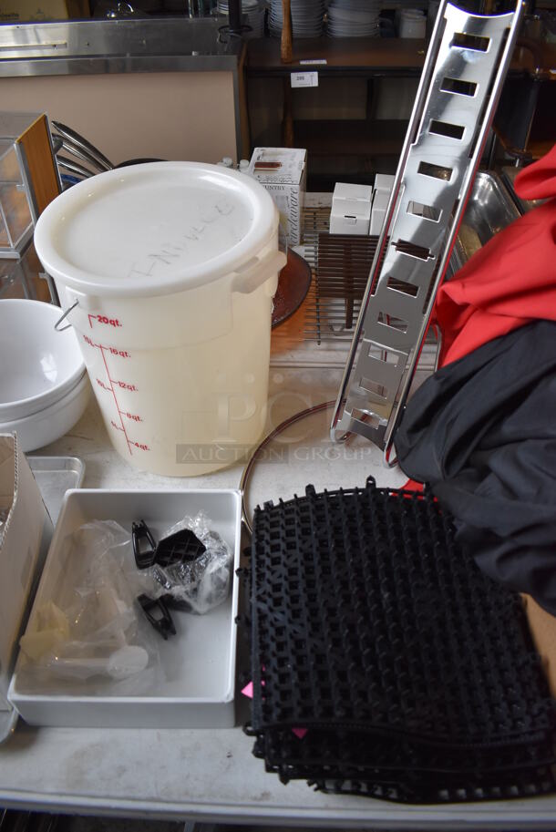 ALL ONE MONEY! Lot of Items on Tabletop Including Material, Poly Bucket, Ceramic Mugs and Wine Glasses and Metal Bins - Image 11 of 12