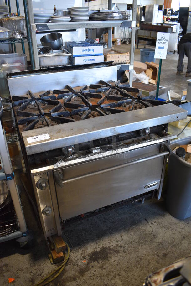 Jade Stainless Steel Commercial Natural Gas Powered 6 Burner Range w/ Oven and Backsplash. Leg Needs To Be Reattached. 36x38x42 - Image 3 of 8