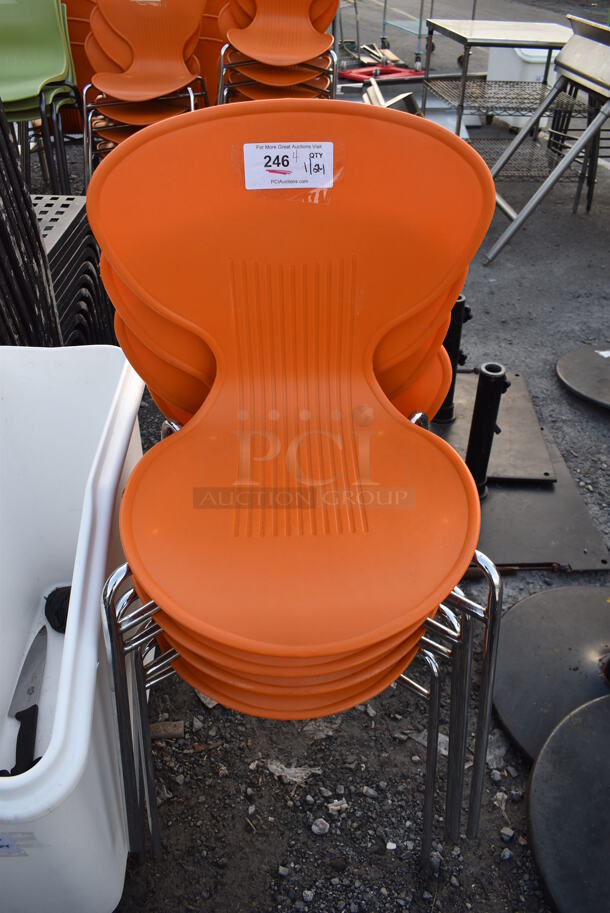 4 Dining Chairs w/ Orange Seat on Metal Legs. 20x20x32. 4 Times Your Bid!