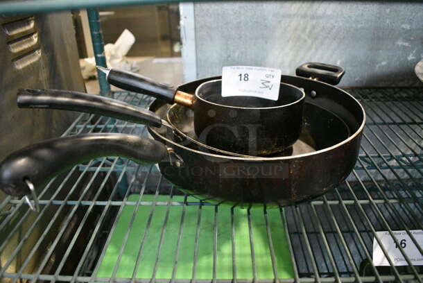 3 Various Metal Items; 2 Sauce Pans and 1 Skillet. Includes 12x22x3.5. 3 Times Your Bid!