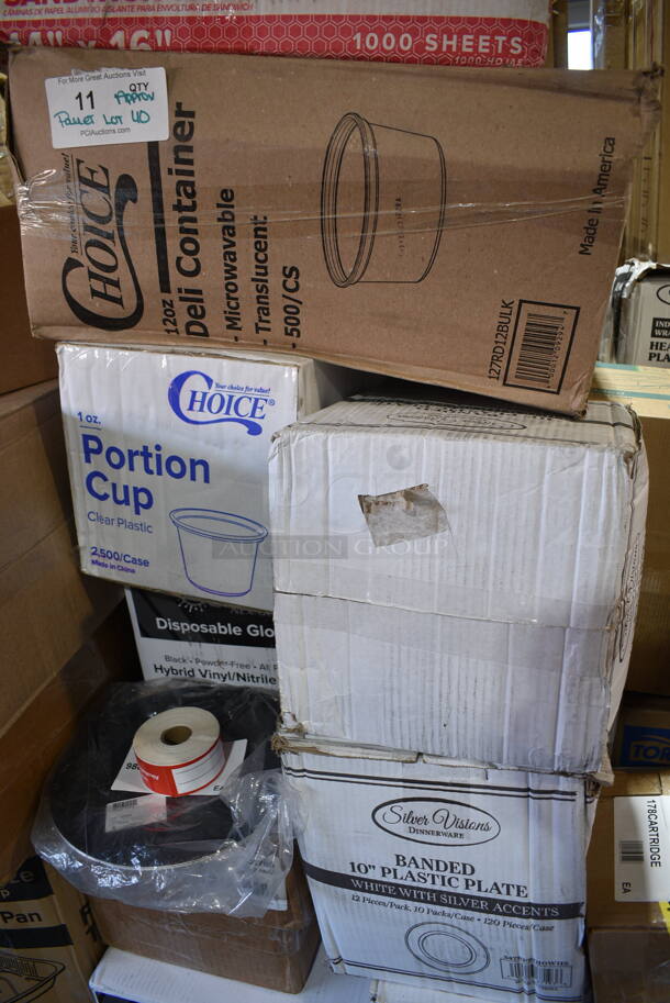 PALLET LOT of 40 BRAND NEW Boxes Including NP7380A Tork Dinner Napkins, Purell Body Fluid Spill Kit Refills, Avantco 178CARTRIDGE Automatic Door Swing Cartridge, 395TO961PF EcoChoice 9" x 6" x 3" No PFAS Added Natural Bagasse Blend Take-Out Container - 200/Case, 5002TPJPREM Lavex Premium 2-Pl 720' Universal Jumbo Toilet Paper Roll with 9" Diameter - 12/Case, 5014347M15 Lavex Li'l Herc 56 Gallon 1.5 Mil 43" x 47" Low Density Medium-Duty Black Can Liner / Trash Bag - 100/Case, 2 Box 612W65 Choice Insulated Foil Sandwich Wrap Sheets 14" x 16" - 1000/Case, 127RD12BULK Choice 12 oz. Customizable Microwavable Translucent Round Deli Container - 500/Case, Choice 1 oz Portion Cups,  Disposable Gloves, 980310404 Matfer Bourgeat 310404 10 1/4" Black Carbon Steel Round Tapered Oven Sheet / Pizza Pan, 50224338CL Lavex 15 Gallon 8 Micron 24" x 33" High Density Janitorial Can Liner / Trash Bag - 1000/Case, 2 Box 612605070 Choice Full Size Foil Steam Table Pan Deep 3 3/8" Depth - Full Size Deep - 50/Case, 127RD8BULK Choice 8 oz. Customizable Microwavable Translucent Round Deli Container - 500/Case, 544P566 Monin 2 Tier 375 mL Concentrated Flavor Rack, 130BKFSNSPH Visions Heavy Weight Black Wrapped Plastic Cutlery Pack with Napkin and Salt and Pepper Packets - 500/Case. 40 Times Your Bid! - Image 8 of 12
